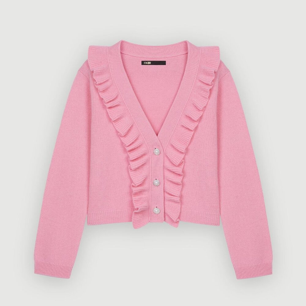 Maje Ruffled Wool-Blend Pink Cardigan - Picture 6 of 10